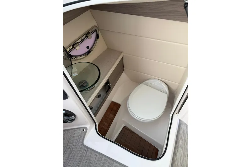  Yacht Photos Pics 2019 Regal 29 OBX boat bathroom with modern fixtures and compact design.