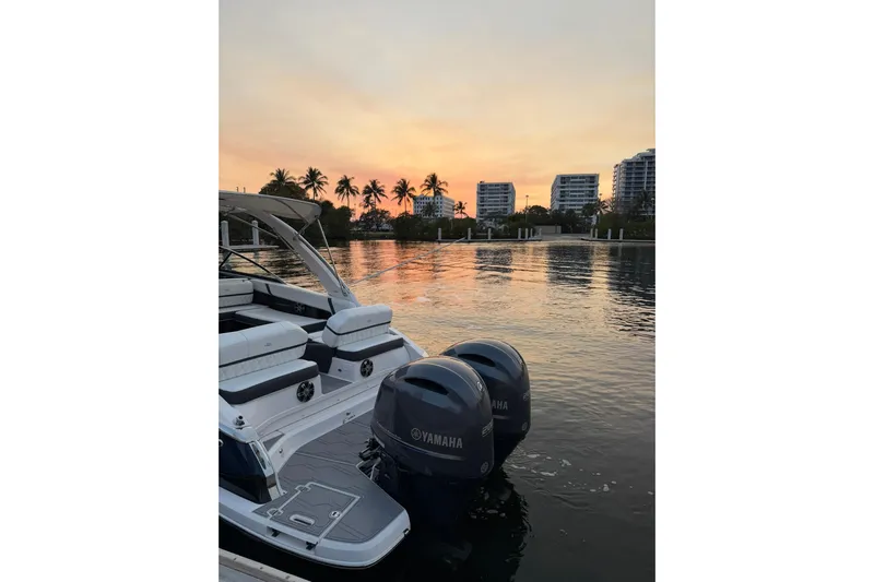  Yacht Photos Pics 2019 Regal 29 OBX boat with Yamaha engines at sunset, near waterfront buildings and palm trees.