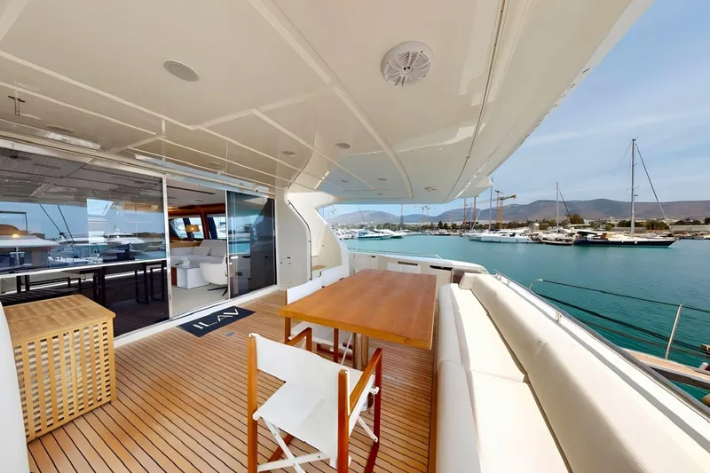 M/y Ilav Yacht Photos Pics Luxurious 2011 Ferretti Yachts 800 with spacious deck and marina view.