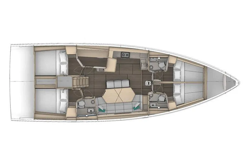  Yacht Photos Pics 2025 Dufour 48 yacht interior layout with cabins, kitchen, and living area.