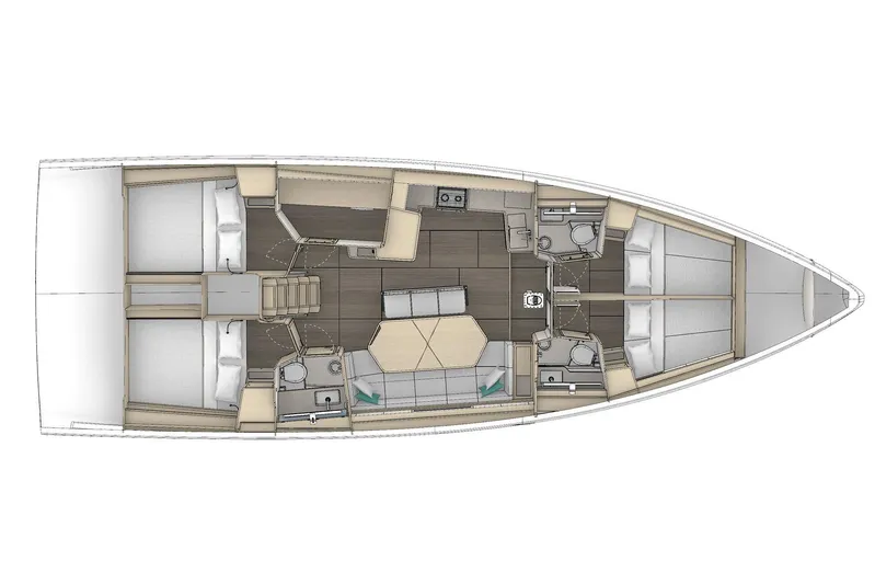  Yacht Photos Pics 2025 Dufour 48 yacht interior layout with cabins, bathrooms, and living area.