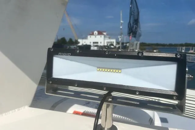 Miss Jennie Yacht Photos Pics LED light on 2008 H&H Marine 38 boat, with marina background.