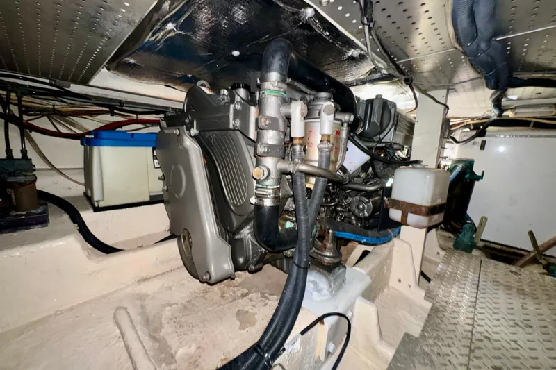 Perseverance Yacht Photos Pics Engine room of 1989 Bayliner 4588 Motoryacht, showcasing mechanical components and wiring.