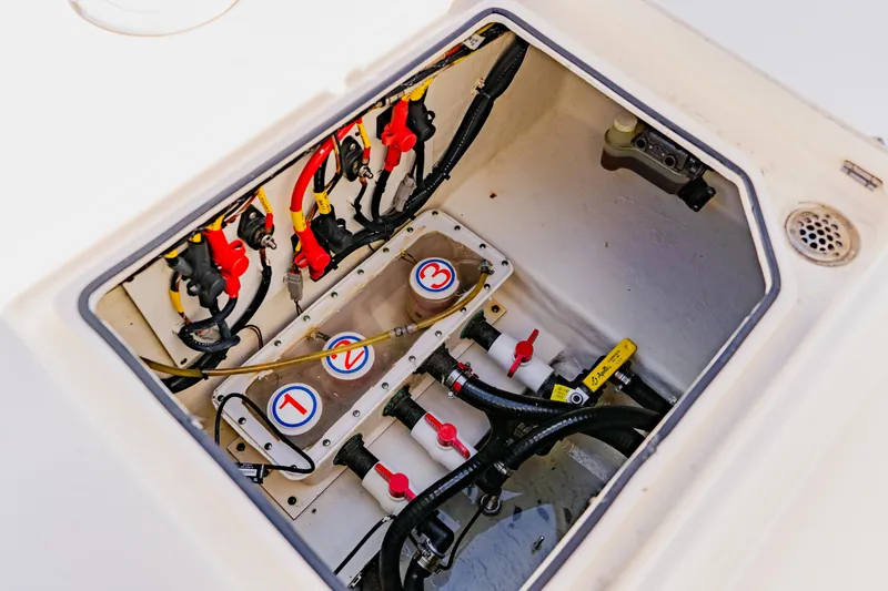  Yacht Photos Pics 2017 Cobia 344 Center Console boat wiring and plumbing compartment.