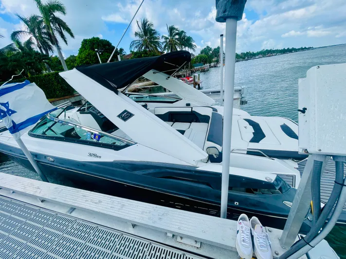  Yacht Photos Pics 2020 Monterey 328 SS boat docked by palm trees and water, with flag and shoes visible.