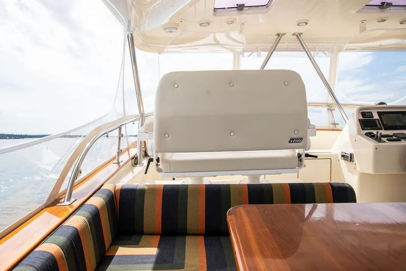 Grace Yacht Photos Pics 2007 Vicem 54 Classic Flybridge interior with striped seating and polished wood table.