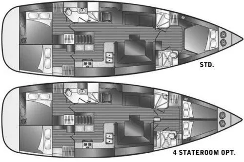 Slip Aweigh Yacht Photos Pics Floor plan of 2009 Hunter 49 yacht, showing standard and four-stateroom options.