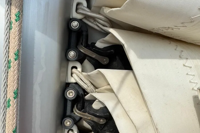 Insania Yacht Photos Pics Close-up of Dufour 360 Grand Large 2019 sail rigging and ropes.