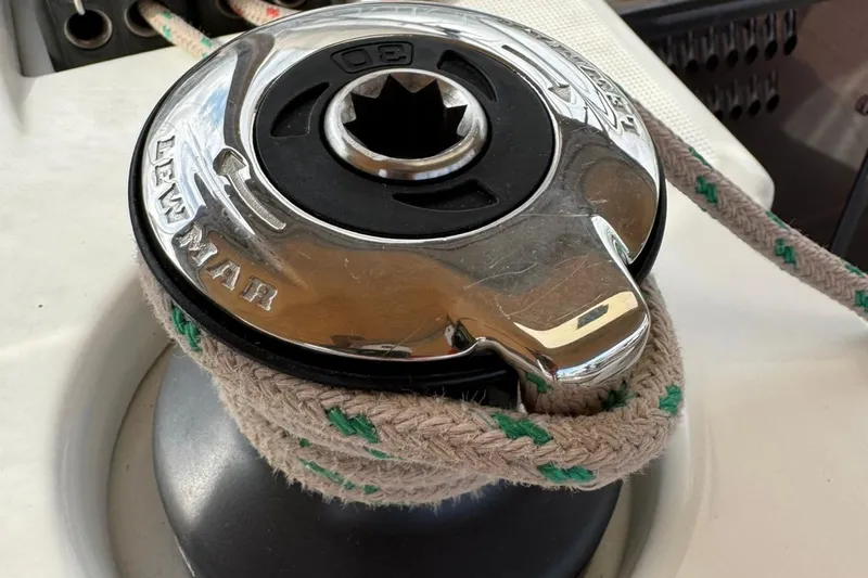 Insania Yacht Photos Pics Winch on 2019 Dufour 360 Grand Large sailboat with rope wrapped around.