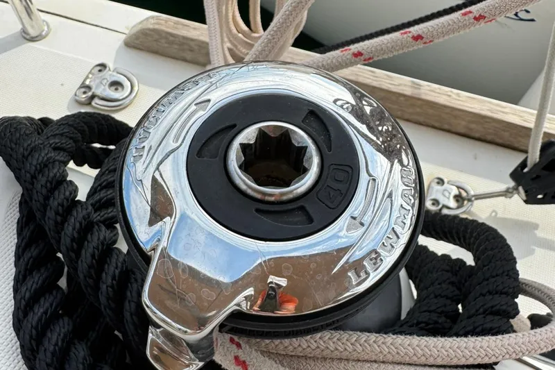 Insania Yacht Photos Pics Close-up of a Lewmar winch on a 2019 Dufour 360 Grand Large sailboat.