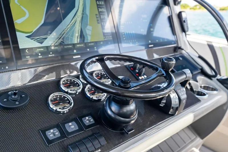 Trigger Yacht Photos Pics Dashboard of 2022 Midnight Express 43' Solstice boat with advanced navigation controls.