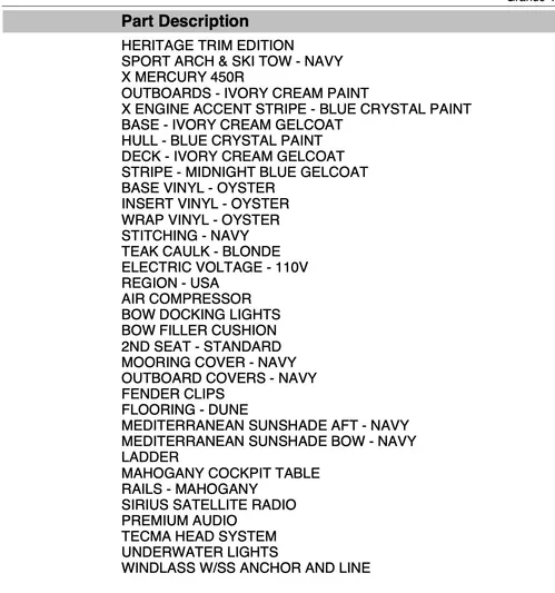 Yacht Photos Pics Parts list for 2021 Chris-Craft 28 LAUNCH GT, including trim, paint, and accessories.