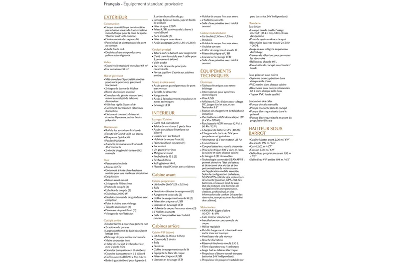 Les Quatre Vents Yacht Photos Pics 2023 Jeanneau 55 equipment list in French, detailing exterior, interior, and technical features.