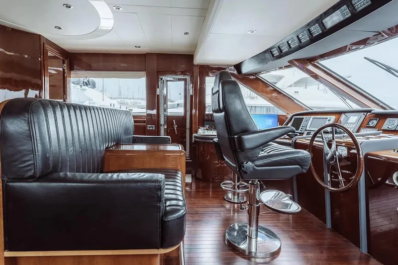 Let It Be Yacht Photos Pics Luxurious Tecnomarine 118 yacht interior, featuring leather seating and modern navigation controls, 1998 model.