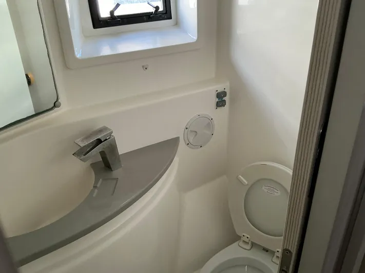 The Dance Yacht Photos Pics 2019 Leopard 51 Powercat bathroom with sink, toilet, and window.