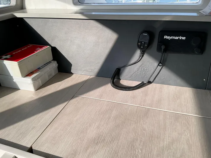 The Dance Yacht Photos Pics 2019 Leopard 51 Powercat interior with Raymarine equipment and first aid kits.