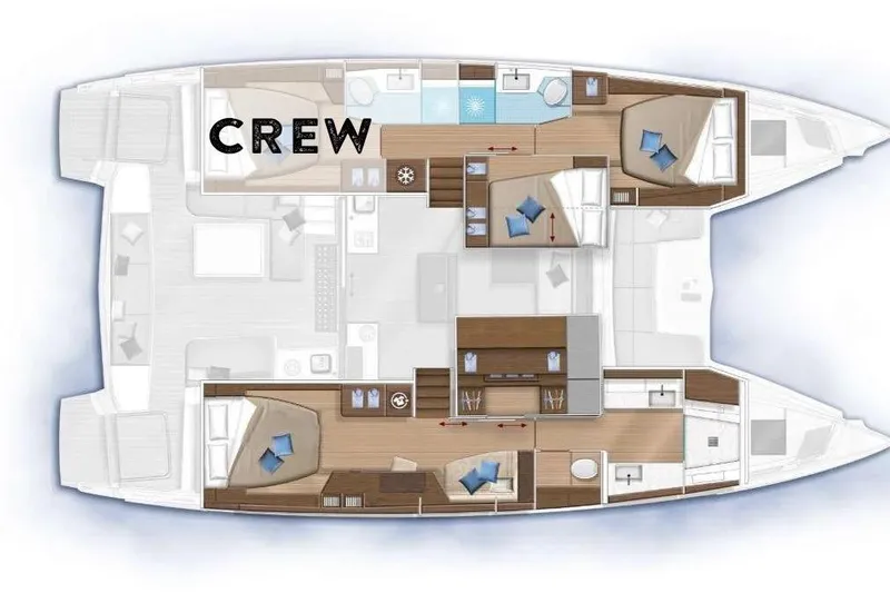  Yacht Photos Pics Floor plan of a 2021 Lagoon 50 catamaran with labeled crew quarters.