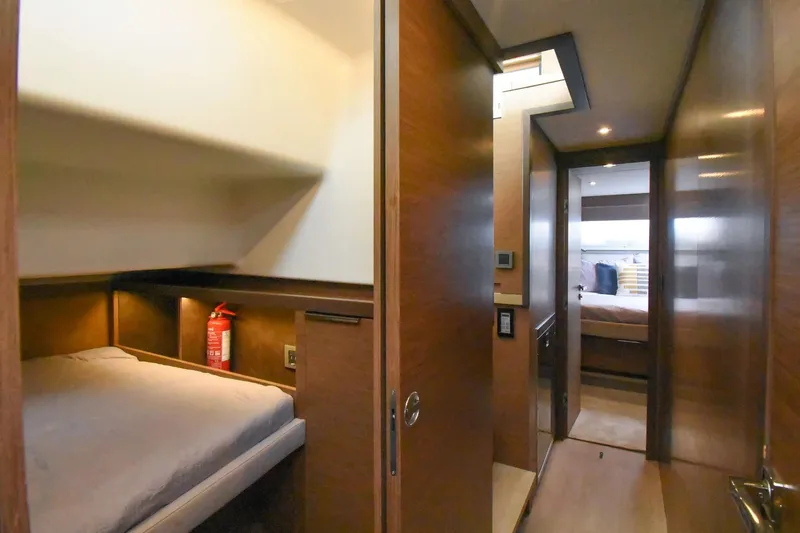  Yacht Photos Pics Interior of 2021 Lagoon 50 yacht with cozy cabin and hallway view.