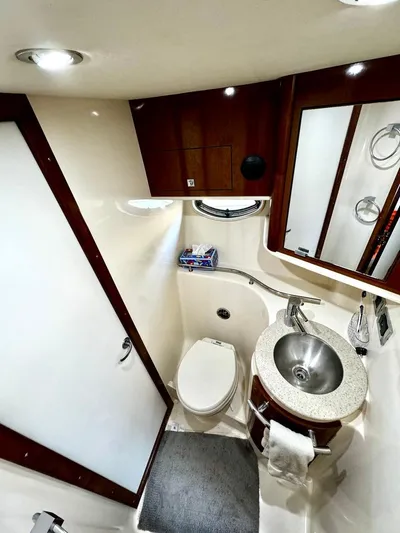  Yacht Photos Pics 2010 Sea Ray 40 Sundancer bathroom with modern fixtures and compact design.