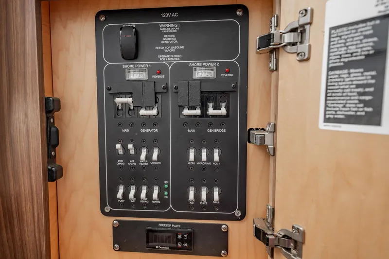 Crushed It Yacht Photos Pics Electrical panel inside 2018 Boston Whaler 380 Outrage boat, featuring various switches and controls.