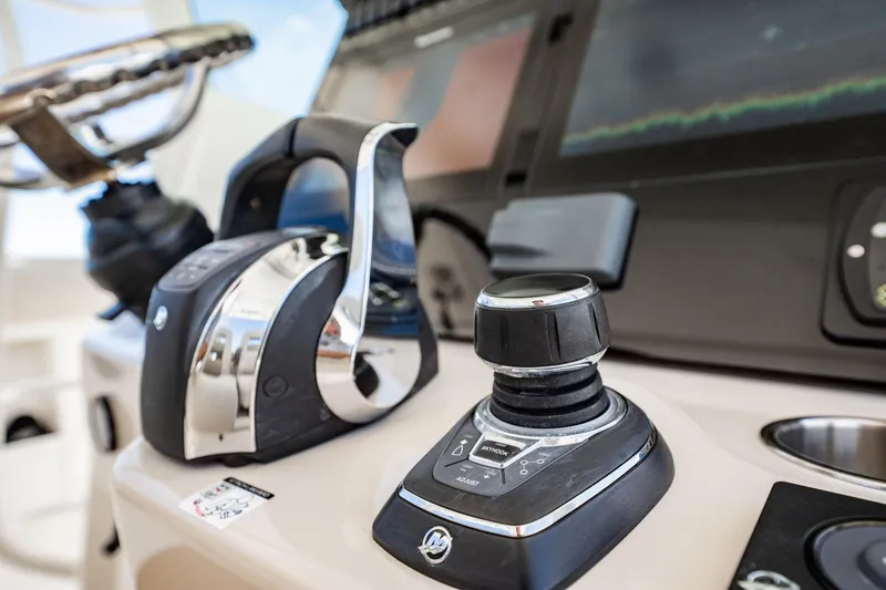 Crushed It Yacht Photos Pics Close-up of 2018 Boston Whaler 380 Outrage helm controls and navigation system.