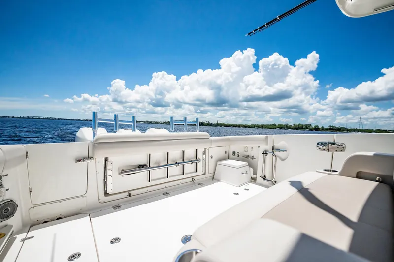 Crushed It Yacht Photos Pics 2018 Boston Whaler 380 Outrage boat deck with ocean view and blue sky.