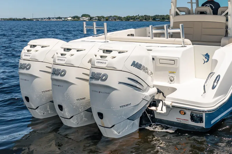 Crushed It Yacht Photos Pics 2018 Boston Whaler 380 Outrage with triple Mercury Verado 350 engines on water.