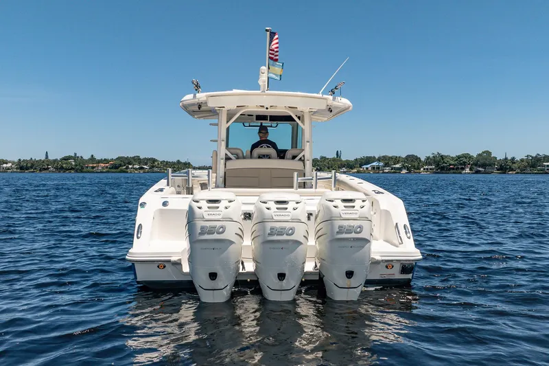 Crushed It Yacht Photos Pics 2018 Boston Whaler 380 Outrage with triple 350 engines on open water.