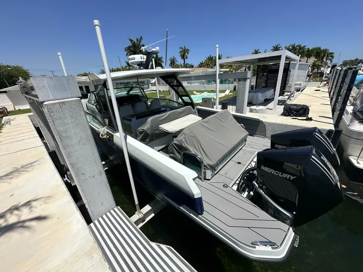 Ostende Yacht Photos Pics 2022 Saxdor 320 GTO boat docked with Mercury outboard engines.