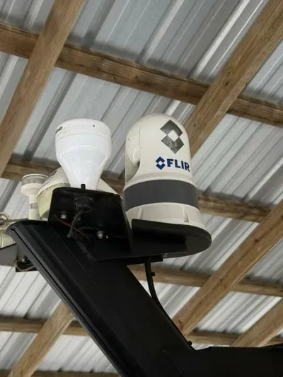 Ostende Yacht Photos Pics FLIR camera system on Saxdor 320 GTO, 2022 model, under metal roof.