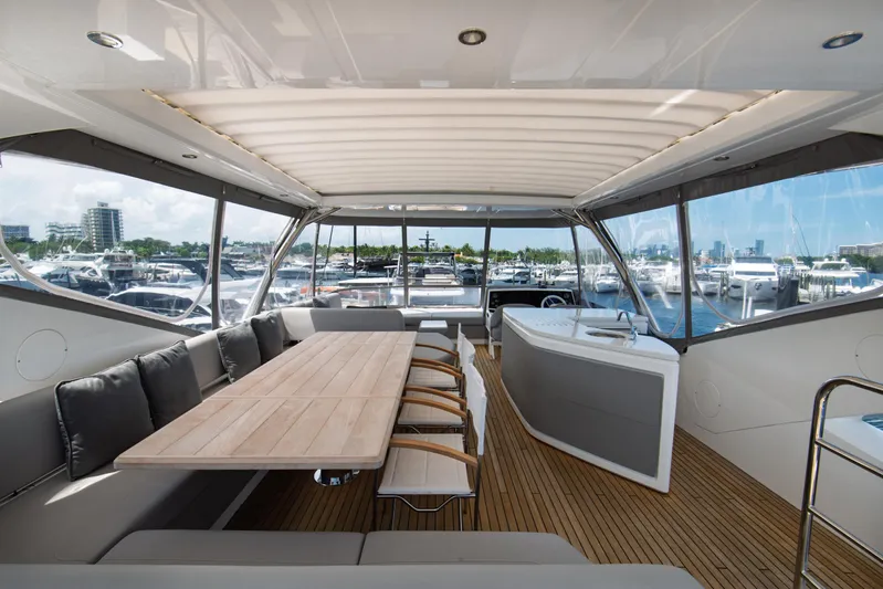  Yacht Photos Pics Luxurious Sunseeker 76 Yacht 2020 interior with elegant seating and marina view.