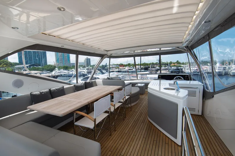  Yacht Photos Pics Luxurious Sunseeker 76 Yacht 2020 with spacious deck, elegant seating, and marina view.