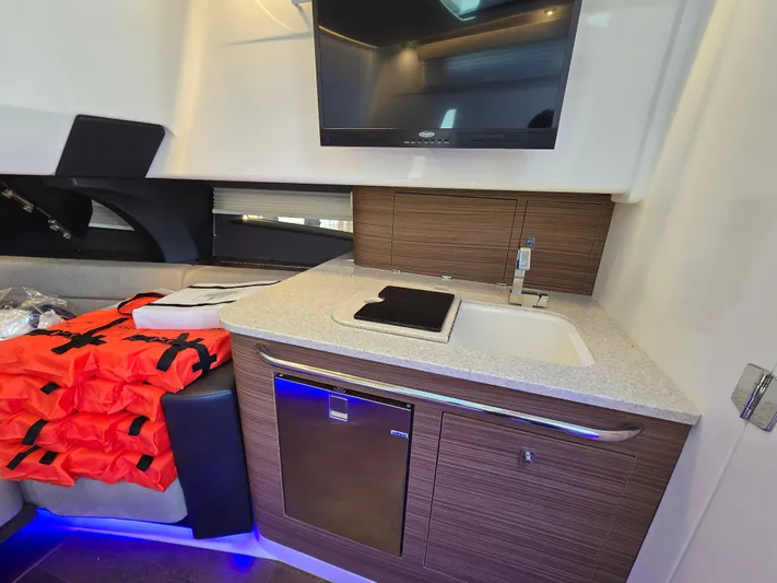  Yacht Photos Pics Interior of 2023 Boston Whaler 420 Outrage with sink and TV.