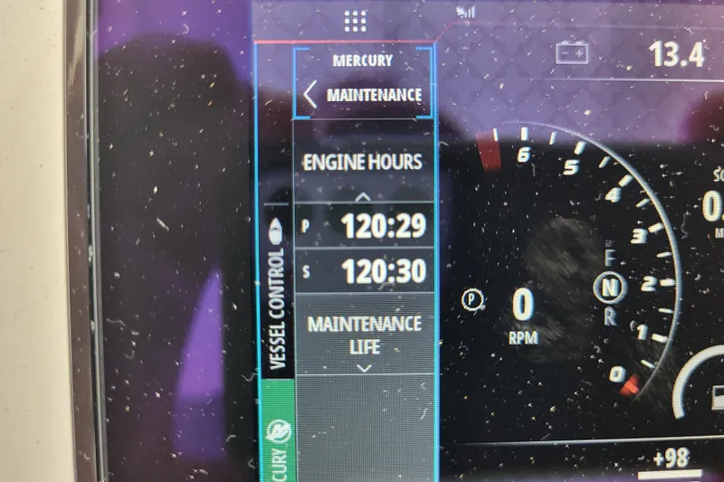  Yacht Photos Pics Display screen showing engine hours and RPM on 2023 Steiger Craft 31 Fisherman boat.