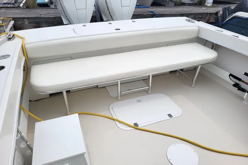  Yacht Photos Pics 2023 Steiger Craft 31 Fisherman boat interior with white seating and deck.