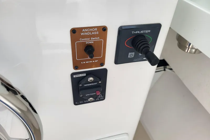  Yacht Photos Pics Control panel of 2023 Steiger Craft 31 Fisherman with anchor windlass and thruster switches.