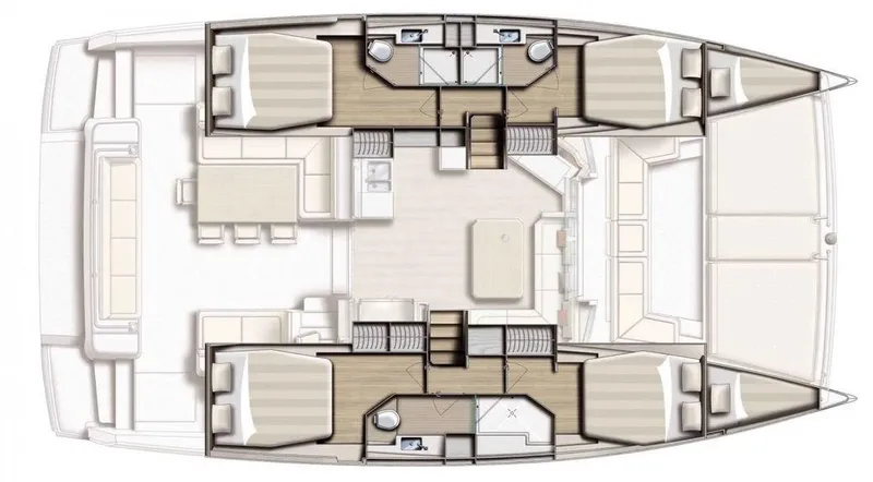 Raiatea Yacht Photos Pics Floor plan of a 2015 Bali 4.5 catamaran, featuring cabins and living areas.