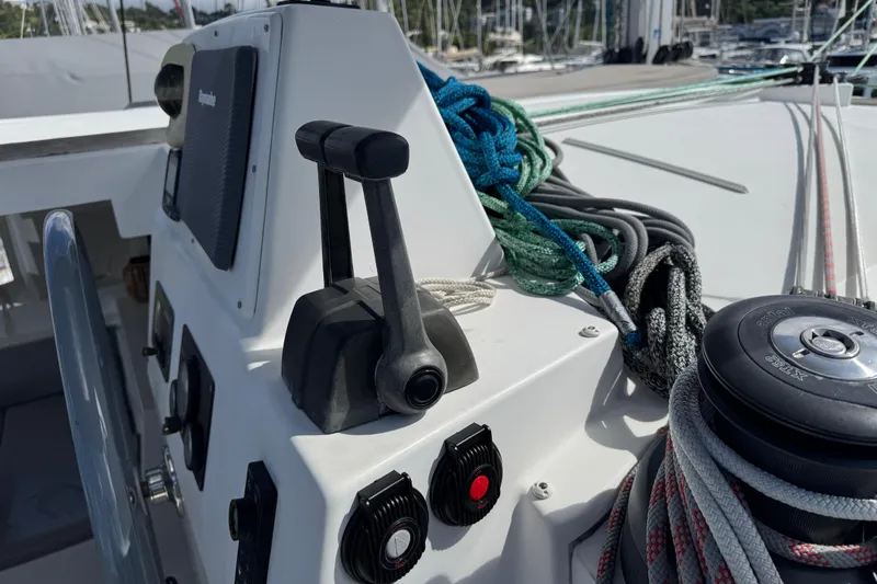 Raiatea Yacht Photos Pics Control panel of a 2015 Bali 4.5 yacht with ropes and winch.