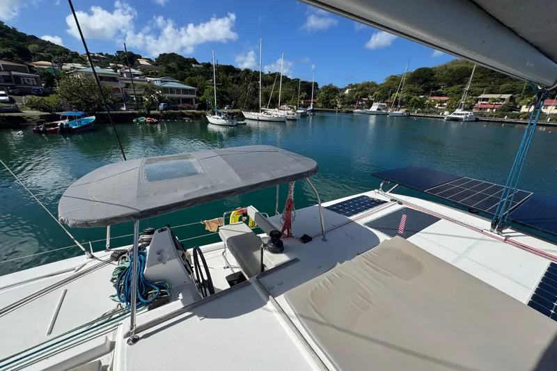 Raiatea Yacht Photos Pics Bali 4.5 catamaran docked in a scenic marina, 2015 model.