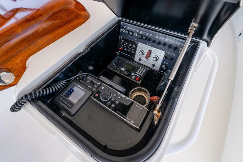 The Provider Yacht Photos Pics Control panel of a 2015 Viking 76 Convertible yacht with navigation and communication equipment.