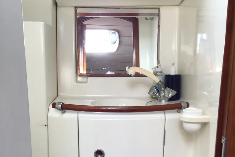 Sao Miguel Yacht Photos Pics Bathroom sink area in a 2000 Beneteau Oceanis 40 yacht.