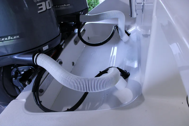  Yacht Photos Pics 2017 Jupiter 30 HFS boat engine compartment with hoses and Yamaha outboard motors.