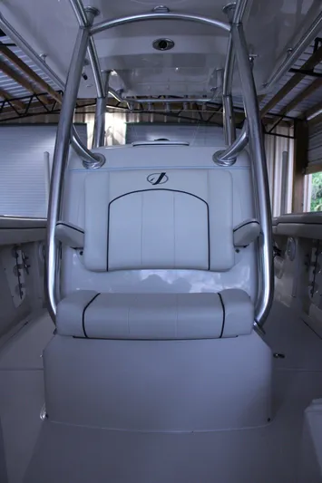  Yacht Photos Pics 2017 Jupiter 30 HFS boat interior with cushioned seating and metal frame.