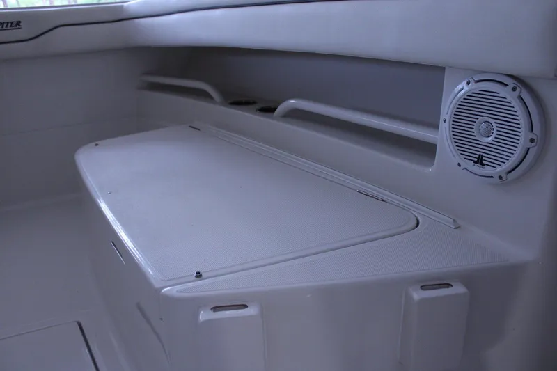  Yacht Photos Pics 2017 Jupiter 30 HFS boat interior with storage compartment and speaker.