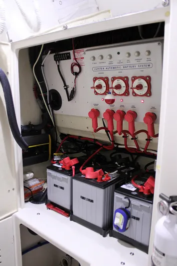  Yacht Photos Pics 2017 Jupiter 30 HFS boat battery system with multiple batteries and control panel.