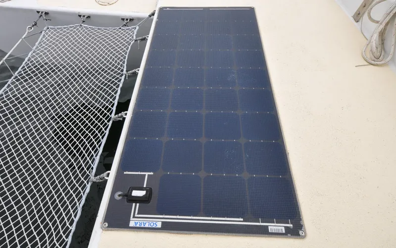 If Yacht Photos Pics Solar panel on 2018 Custom Marples CC 40 Fast Cruiser deck, next to safety netting.