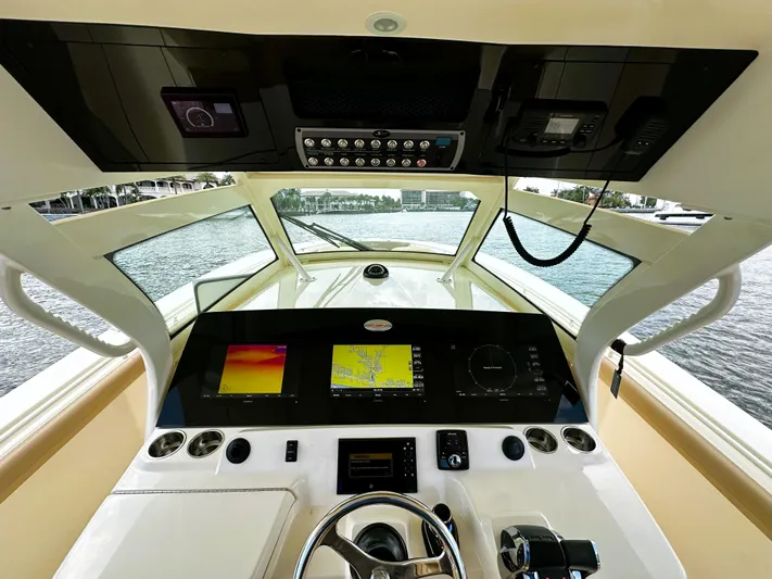 Yacht Photos Pics 2020 Scout 380 LXF boat dashboard with advanced navigation and control systems.