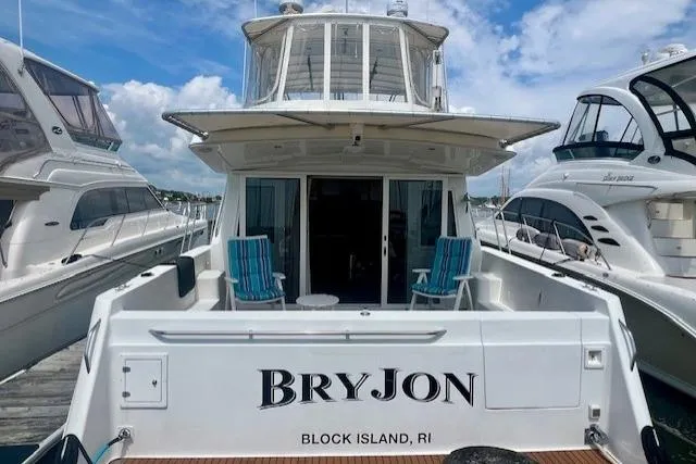  Yacht Photos Pics 2002 Navigator Classic 53 yacht docked at marina, featuring "BRYJON" name and Block Island, RI location.