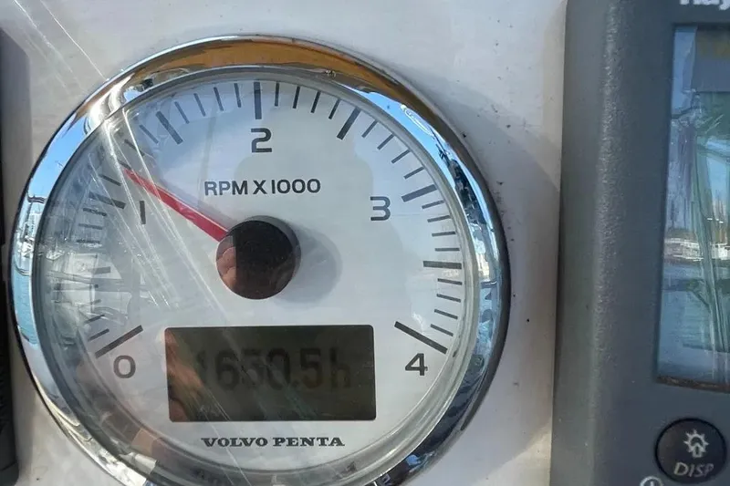 Mistral X Yacht Photos Pics Volvo Penta RPM gauge on 2009 Tartan 4300, displaying 16505 hours.