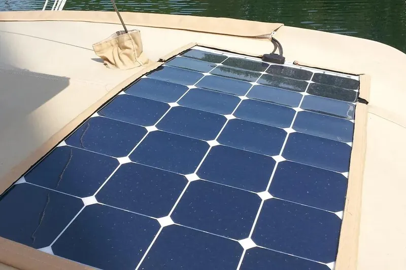 Mistral X Yacht Photos Pics Solar panel on 2009 Tartan 4300 yacht deck, harnessing renewable energy.